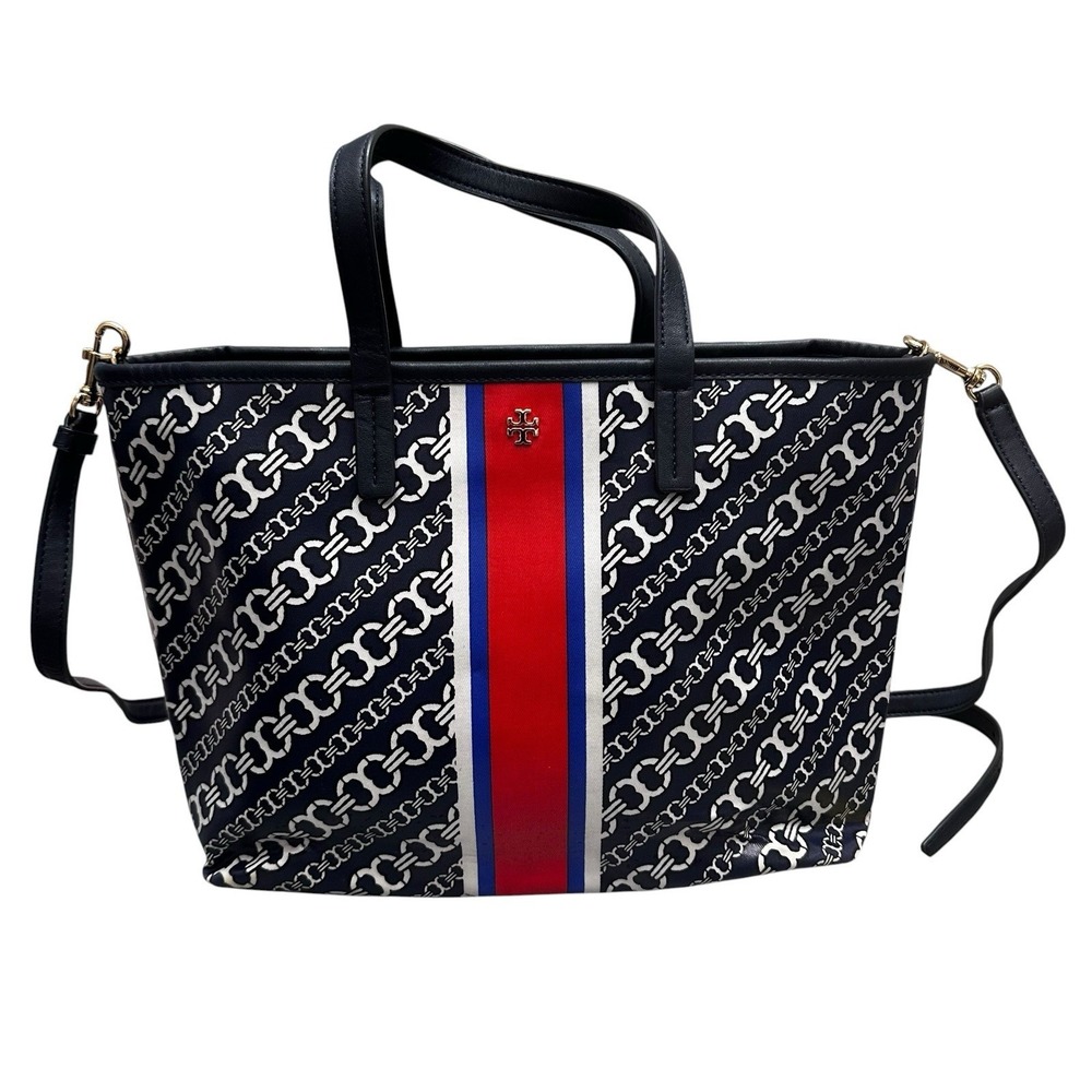 Tory Burch Gemini Link‎ 2 Way Tote Shoulder Bag Navy PVC Leather Gold